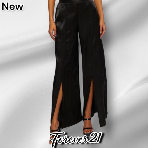 New Forever 21 Satin Split-Hem Palazzo Pants Black - Picture 3 of 10